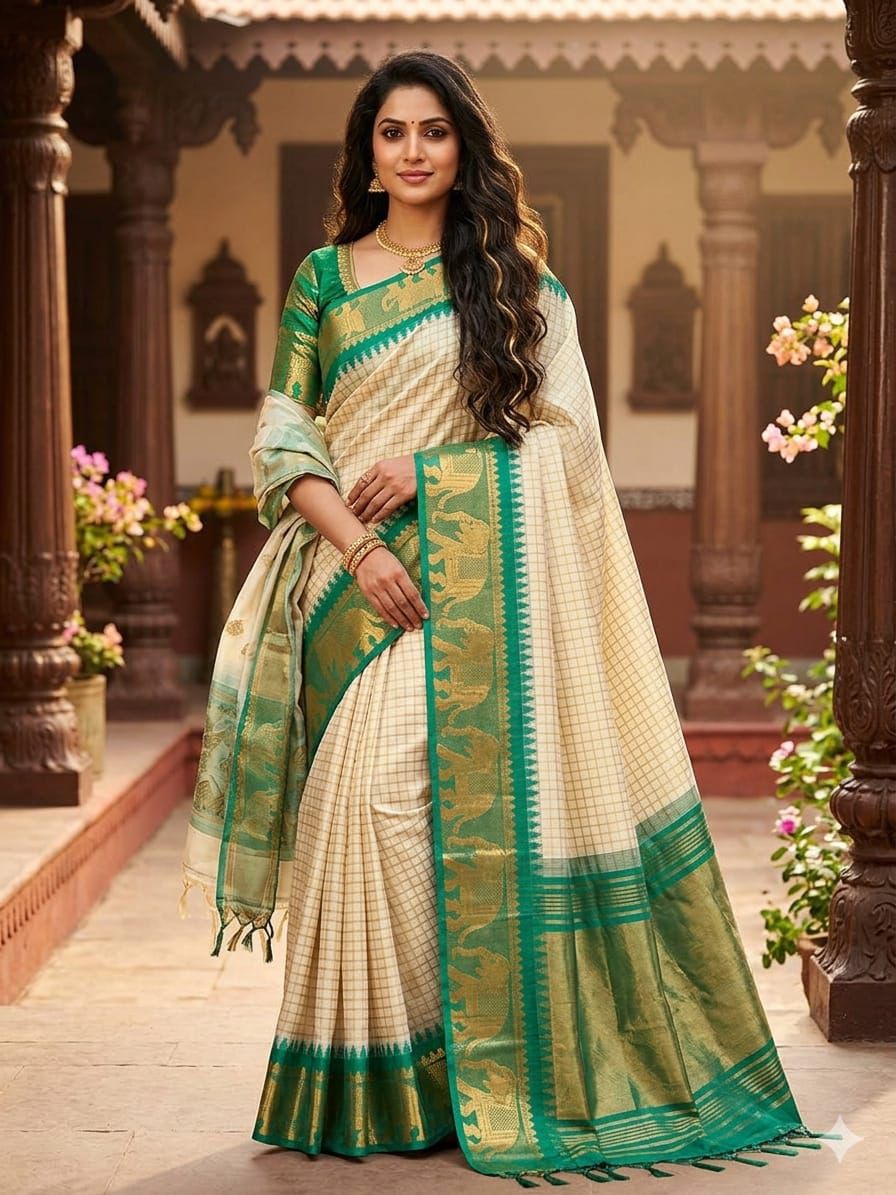 Lime Green Kanjivaram Silk Saree with Traditional Elephant Zari Border